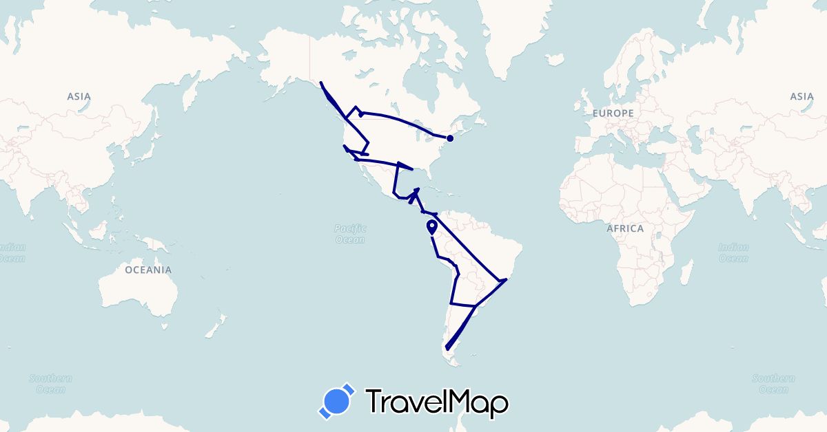 TravelMap itinerary: driving in Argentina, Bolivia, Brazil, Belize, Canada, Chile, Costa Rica, Ecuador, Guatemala, Mexico, Panama, Peru, United States (North America, South America)